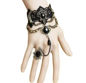 Girl’s Retro Vintage Black Lace Crystal for Bracelet with Ring-Integrated Chain Fashion Personality Alloy Diamond Jewellery