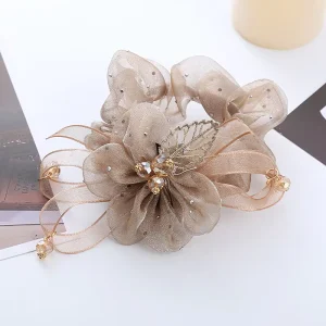 Girls’ Sweet Style Luxury Decoration Diamond Scrunchies Cute Bow Fabric Pearl Material Hair Tie