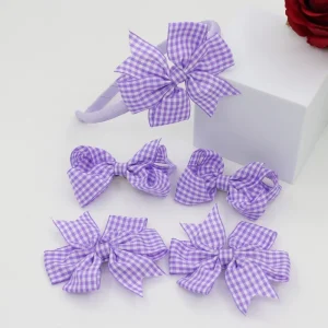 Girls’s Hair Accessories 5 Piece British Style Plaid Bow Headband Set Sweet Princess Style Floral Hair Clips