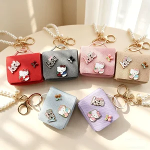 Girly Retro Style Bag Charm Kitty Denim Patterned Earphone Case Keychain Pearl Hand Strap Mini Clutch Leather Coin Purse Pendant