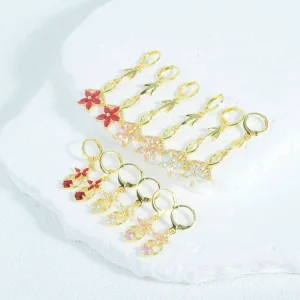 Glamorous 14K Gemstone Hoop Earrings Shining Bamboo Flower Drop Dangle Stylish Nature Inspired Jewelry for Daily Wear