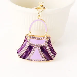Glamorous Chic Mini Purple Handbag Key Chain 3D Purse Shape with Gold Metal Hook Inlaid Rhinestone Bag Charm