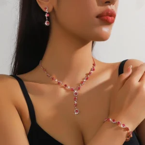 Glamorous Fashion Ladies Diamond Colored Crystal Pendant Necklace Earrings Bracelet Set