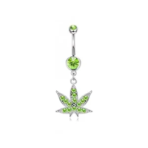 Glimmering Green Crystal Maple Leaf Dangle Navel Ring Unique Body Jewelry Stainless Steel Silver