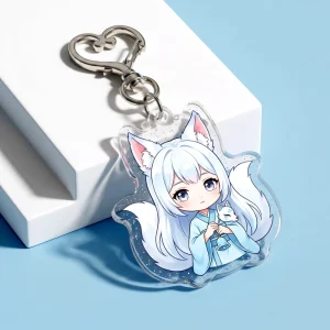 Glitter Acrylic Keychain Kawaii Nine Tailed Fox Anime Girl Acrylic Charm Heart Clasp Backpack Decor Custom Cartoon Key Ring