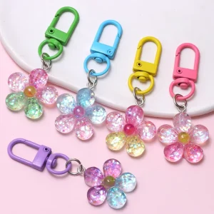 Glitter Resin Five Petal Flower Bag Charm Colorful Mini Metal Swivel Carabiner Cute Transparent Sequin Floral Keychain