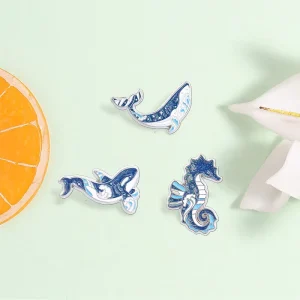 Glitter Starry Ocean Animal Enamel Pin Set 3Pcs Whale Orca Seahorse Brooch For Backpack Decor