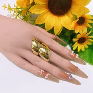 Glossy Two Panel Bypass Statement Ring Polished Gold Plated Curved Dome Adjustable Chunky Finger Ring