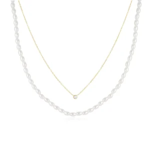 Glowluxe Vintage 18K Gold Plated 925 Sterling Silver Double Layer Pearl Zircon Necklaces Trendy New Fashion for Weddings
