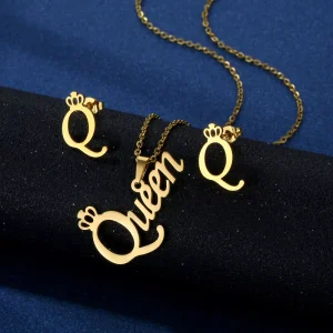 Go Party Fashion 18K Gold Plated Waterproof Stainless Steel Jewelry Letter Queen Pendant Necklace Stud Earrings Set for Women
