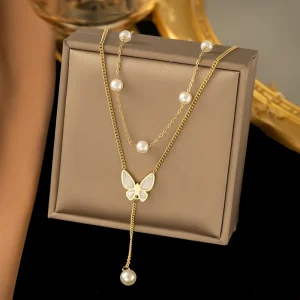 Go Party Non Tarnish Stainless Steel Jewelry Pearl Shell Butterfly Pendant Necklaces Tassel Double Layer Necklace for Women
