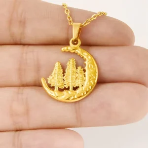 Gold 304 Stainless Steel Crescent Moon Pendant Link Chain Forest Pine Tree Celestial Jewelry for Unisex Men Women Necklace