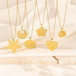 Gold 304 Stainless Steel Geometric Pendant Link Chain Irregular Molten Ripple Star Heart for Unisex Men Women Necklace Set