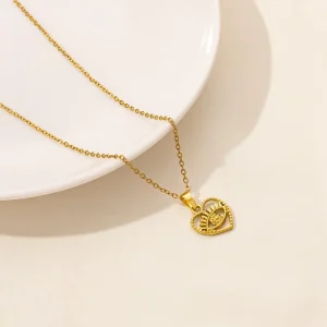 Gold 304 Stainless Steel Heart Necklace Hollow Out Evil Motif Eye Radiant Plaque Link Chain for Unisex Men Women Jewelry