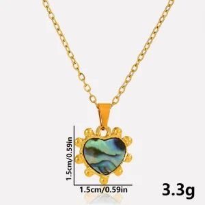 Gold 304 Stainless Steel Heart Necklace Mother of Pearl Radiant Wheel Medal Link Chain for Unisex Men Women Pendant Jewelry