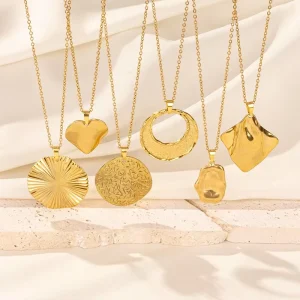 Gold 304 Stainless Steel Heart Pendant Link Chain Irregular Molten Ripple Geometric Medal for Unisex Men Women Necklace Jewelry