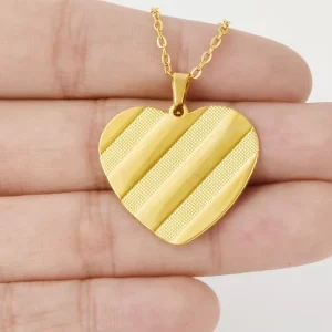 Gold 304 Stainless Steel Heart Pendant Link Chain Striped Geometric Textured Love Medal for Unisex Men Women Necklace Set
