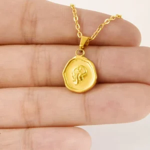 Gold 304 Stainless Steel Jellyfish Necklace Relief Molten Coin Circular Disc Link Chain for Unisex Men Women Jewelry