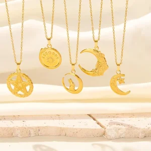 Gold 304 Stainless Steel Moon Necklace Celestial Star Crescent Rabbit Rose Disc Medal for Unisex Men Women Pendant Jewelry