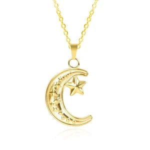 Gold 304 Stainless Steel Moon Pendant Link Chain Celestial Crescent Star Planet Medal for Unisex Men Women Necklace Jewelry
