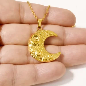 Gold 304 Stainless Steel Moon Pendant Link Chain Hammered Crescent Sunburst Celestial Medal for Unisex Men Women Necklace