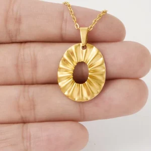 Gold 304 Stainless Steel Oval Pendant Link Chain Hollow Out Sunburst Fluted Medal Disc for Unisex Men Women Necklace Jewelry