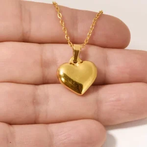 Gold 304 Stainless Steel Puffy Heart Pendant Link Chain Minimalist High Polish Love Medal for Unisex Men Women Necklace