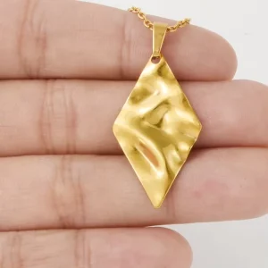 Gold 304 Stainless Steel Rhombus Pendant Link Chain Irregular Molten Ripple Geometric Medal for Unisex Men Women Necklace
