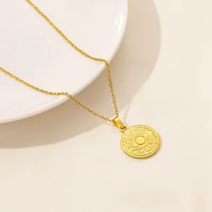 Gold 304 Stainless Steel Round Pendant Link Chain Evil Motif Eye Geometric Disc Medal for Unisex Men Women Necklace Jewelry