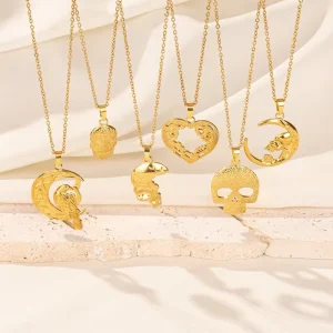 Gold 304 Stainless Steel Skull Necklace Hollow Out Embossed Floral Carved Sugar Skeleton Medal Link Chain Unisex