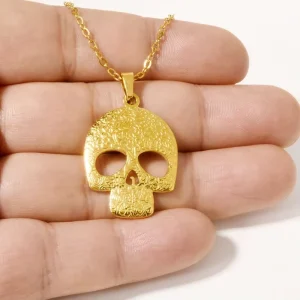 Gold 304 Stainless Steel Skull Necklace Hollow Out Floral Carved Relieve Sugar Skeleton Medal Link Chain for Unisex Men Women