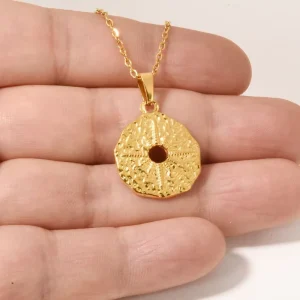 Gold 304 Stainless Steel Starburst Pendant Link Chain Irregular Hammered Hollow Octagram Celestial Medal for Unisex Men Women