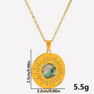 Gold 304 Stainless Steel Sunburst Necklace Mother of Pearl Radiant Wheel Medal Link Chain for Unisex Men Women Pendant