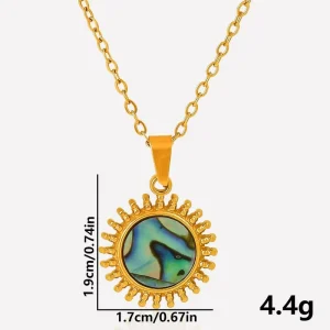 Gold 304 Stainless Steel Sunburst Pendant Link Chain Abalone Shell Radiant Medal for Unisex Men Women Necklace Jewelry Set