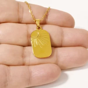 Gold 304 Stainless Steel Sunburst Pendant Link Chain Radiance Celestial Plaque Medal for Unisex Men Women Necklace Jewelry