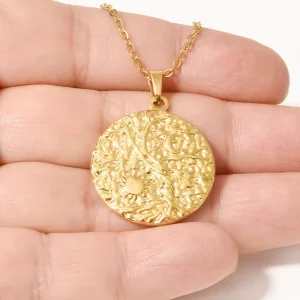 Gold 304 Stainless Steel Tree of Life Necklace Embossed Sun Moon Disc Link Chain for Unisex Men Women Pendant Set