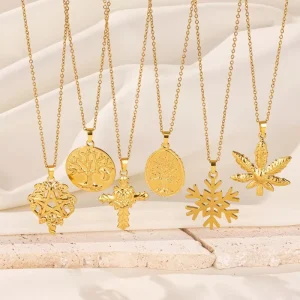 Gold 304 Stainless Steel Tree of Life Pendant Link Chain Snowflake Pentagram Cross Leaf for Unisex Men Women Necklace Jewelry