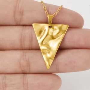 Gold 304 Stainless Steel Triangle Pendant Link Chain Irregular Molten Ripple Geometric Medal for Unisex Men Women Necklace