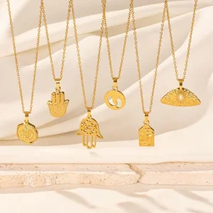 Gold 304 Stainless Steel Triangle Pendant Link Chain Sunburst Ray Geometric Heart Medal for Unisex Men Women Necklace Jewelry