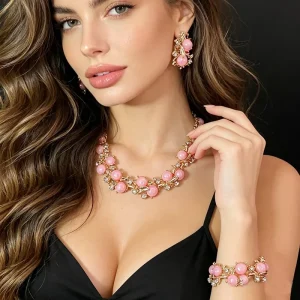 Gold 3Pcs Jewelry Set Necklace Bracelet Earrings Crystal Rhinestone for Women Vintage Fashion Wedding Party Costume