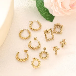 Gold Bead Earrings 18K Gold Plated Stainless Steel Small Round Ball Geometric Shape Ear Studs and Earrings