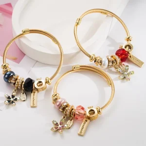 Gold Bead Stainless Steel Bracelet with Flower Inlaid Diamonds Versatile and Adjustable Women’s Bracelet Jewelry