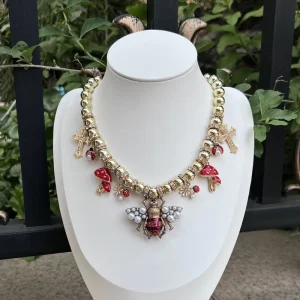 Gold Beaded Necklace with Ladybug Cross Charm Pendant Diamond for Women, Gifts, Weddings, Party
