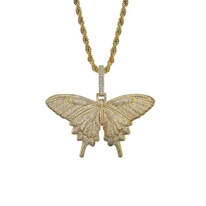 Gold Brass Mens Necklace Butterfly Pendant Cubic Zirconia Full Pave Iced Out with Rope Chain Hip Hop Jewelry Gifts