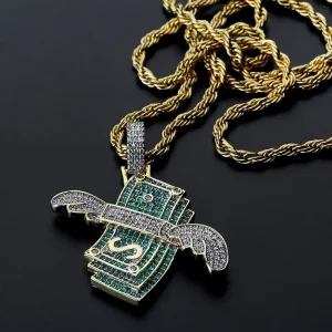 Gold Brass Mens Necklace Flying Money Pendant Cash Stack Dollar Sign Cubic Zirconia Pave Iced Out Rope Chain Jewelry
