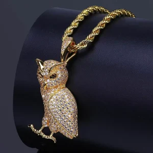 Gold Brass Mens Necklace Owl Bird Pendant Cubic Zirconia Full Pave Iced Out with Rope Chain Hip Hop Animal Jewelry Gifts