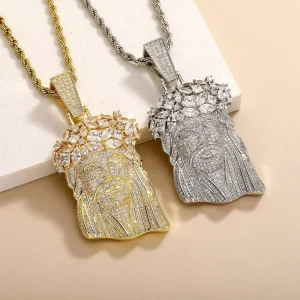 Gold Brass Mens Pendant Jesus Christ Face Iced Out Cubic Zirconia Plated Hip Hop Crown of Thorns Medal Jewelry Gift