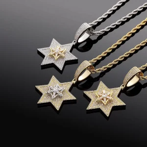 Gold Brass Mens Pendant Star of David Baguette Cubic Zirconia Full Pave Iced Out Rotating 14K Plated Hip Hop Jewelry Gifts