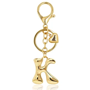 Gold Bubble Heart Initial Letter Keychain Cute Zinc Alloy Women’s Keychain Charms Heart Pendant (K) Gift