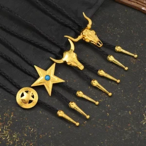 Gold Bull Head Pendant Necklace Men’s American Cowboy Garment Accessory Tie Adjustable Rope Necklace Shirt Bolo Tie